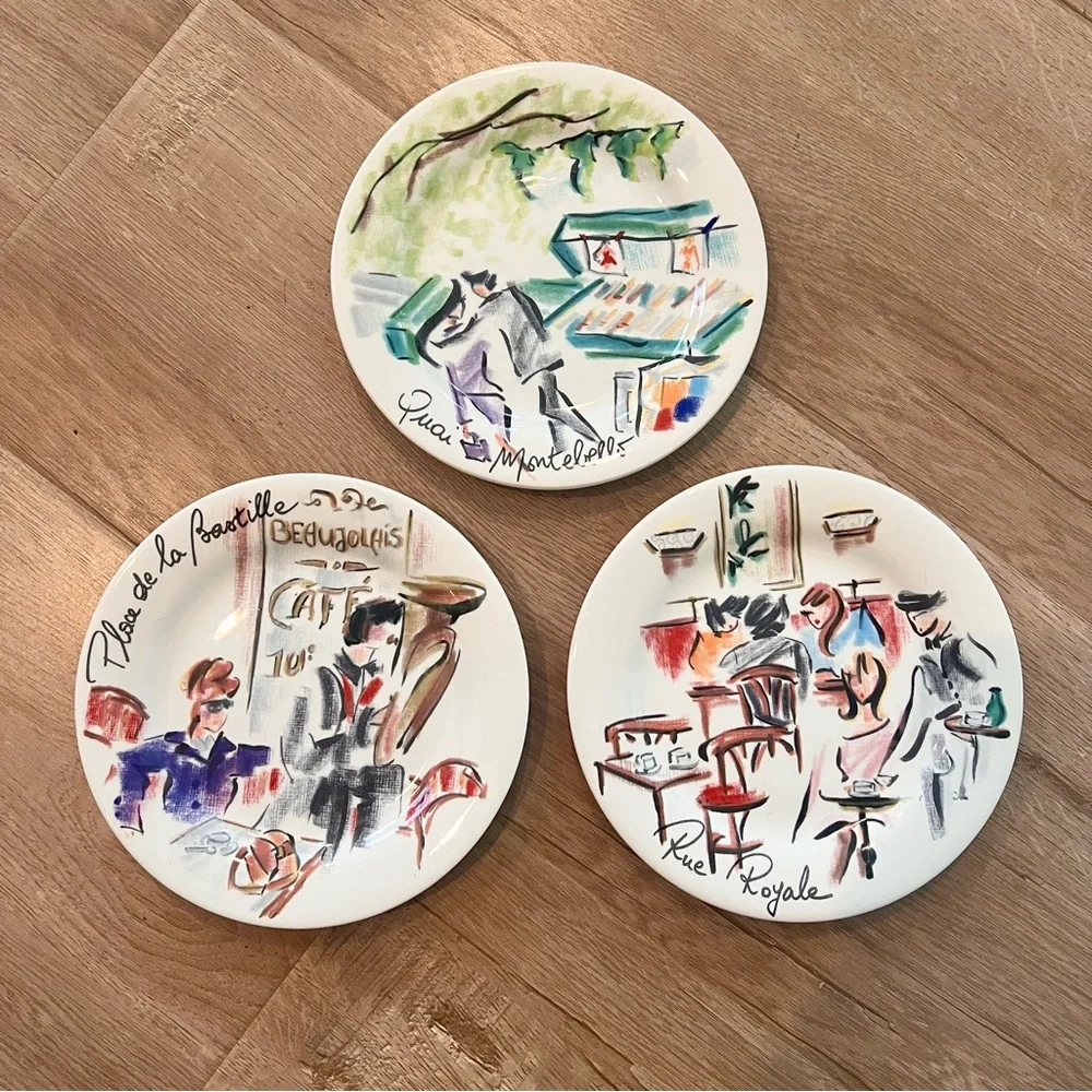 Set Of 3 Notre Dame Faiencerie De Gien, Joli Paris - Canape Or Bread Plates 6.5”